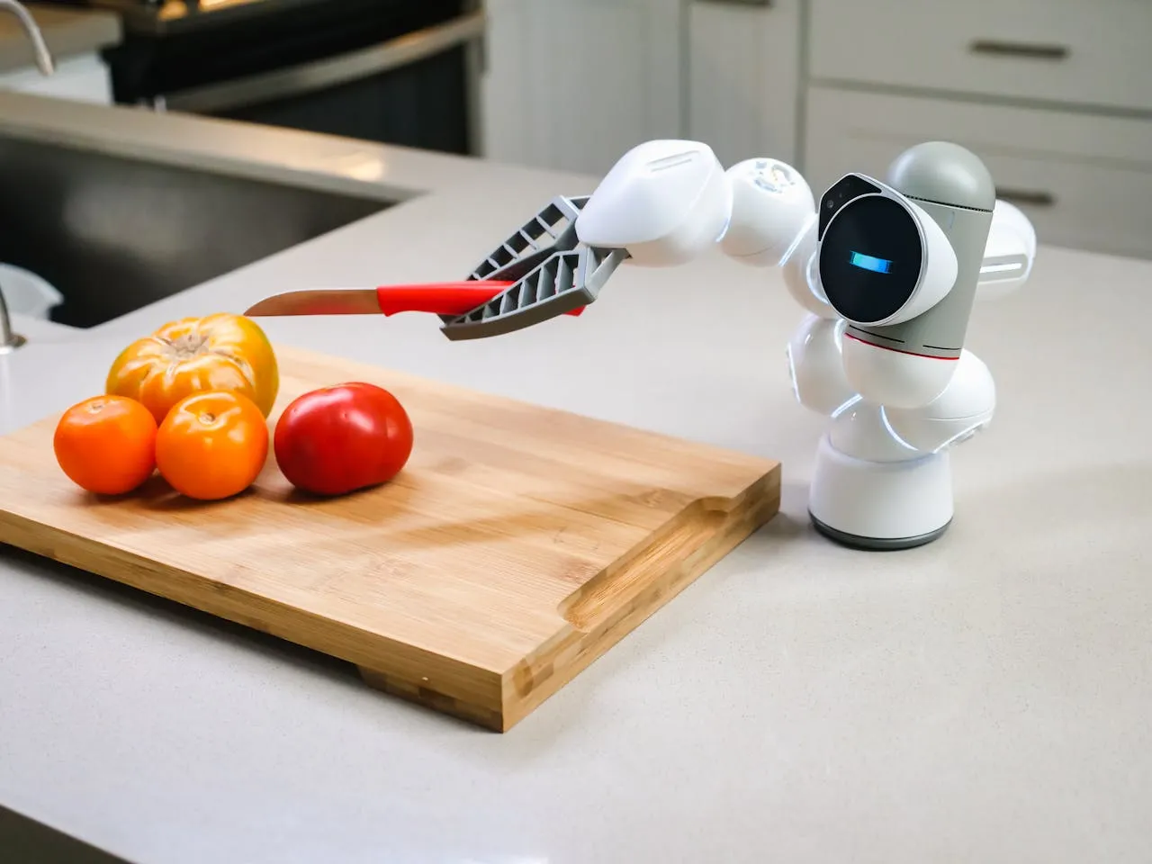 A robot cutting an apple