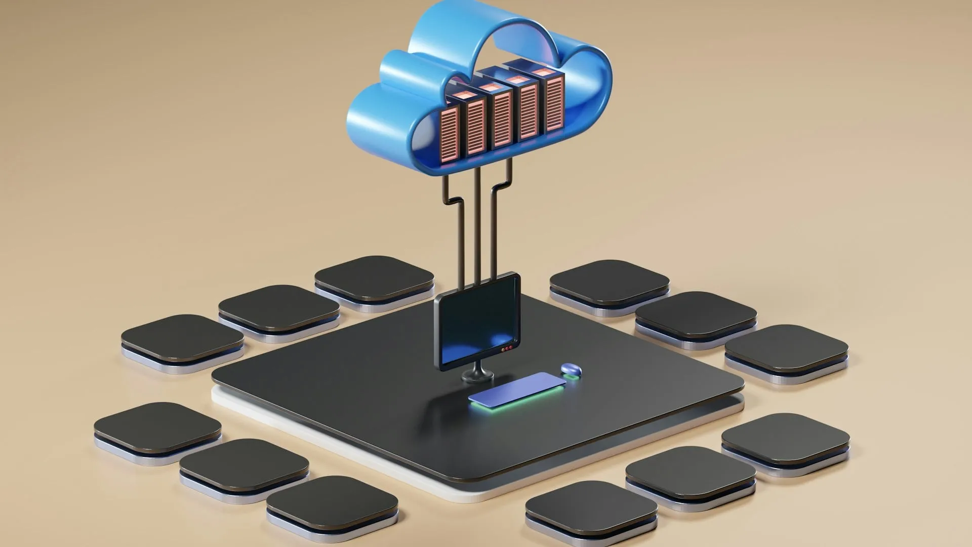 A server in cloud shape connected to a computer