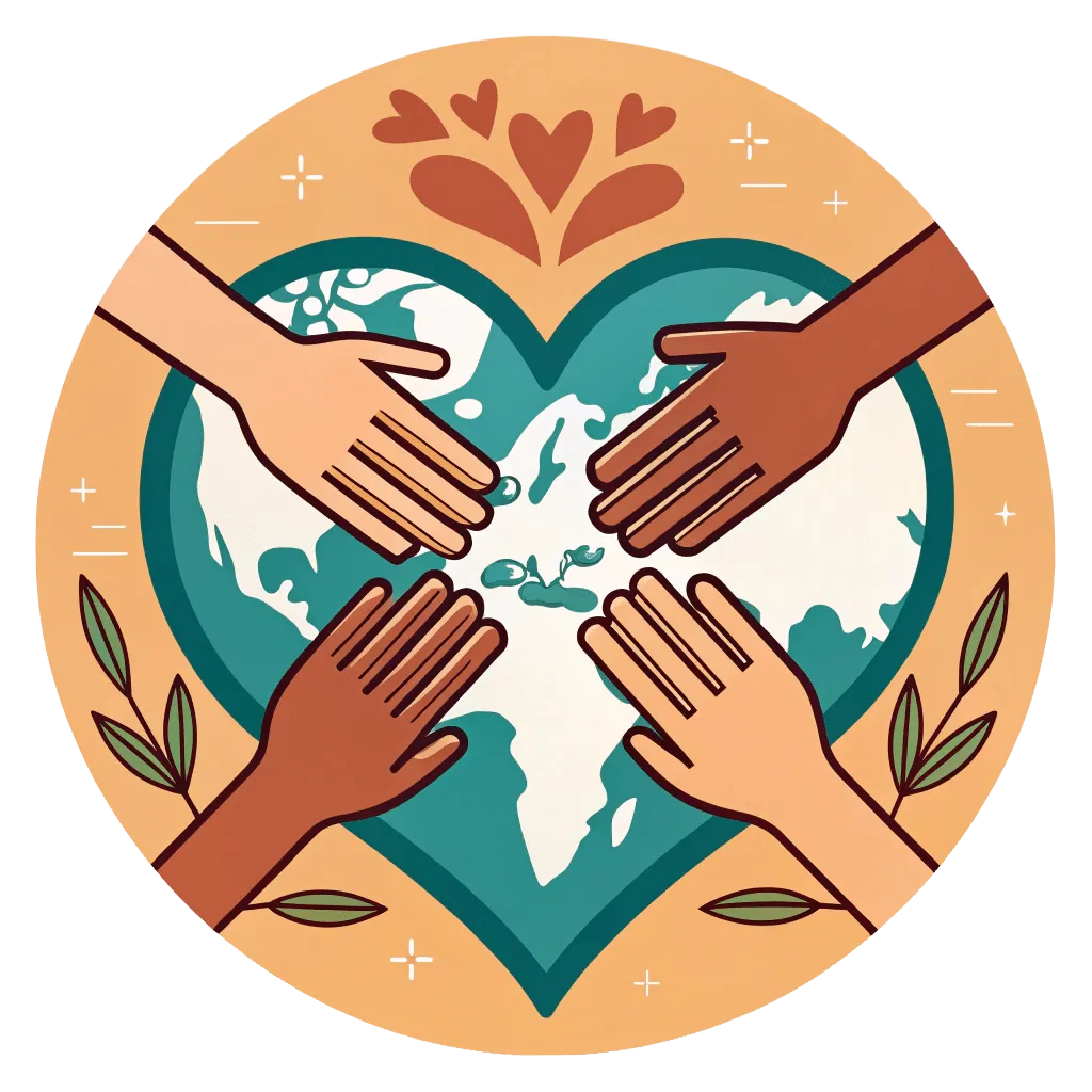 hands over a heart with earth like continent maps on it