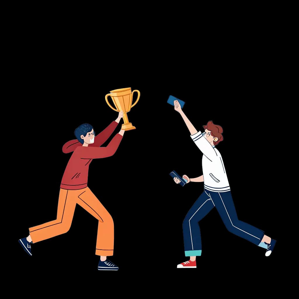 two people celebrating win with trophy