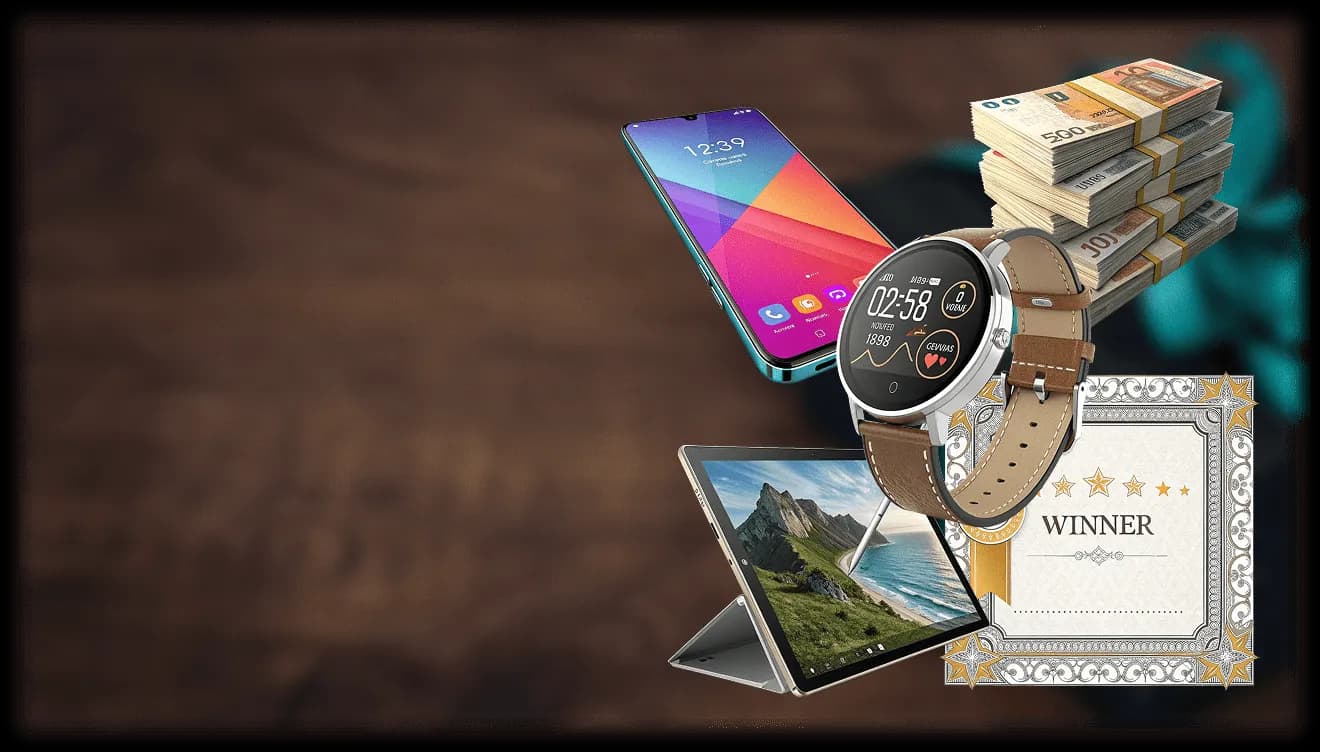 A wooden surface with right side gift box, items like smartphone, tablet, smartwatch, money and certificate