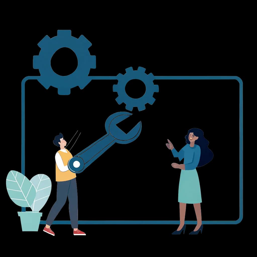 Two people fixing a website, wrench